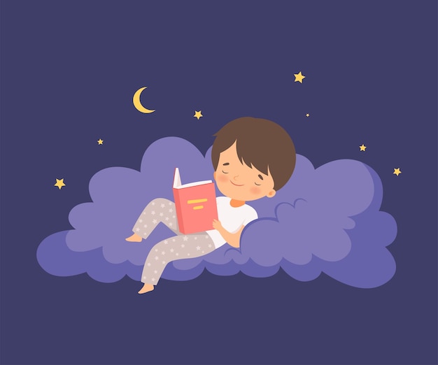 Милый мальчик лежит на облаке на ночном небе и читает векторную иллюстрацию.