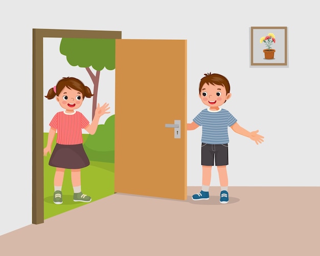 Cute little boy open the door for girl friend welcoming guest