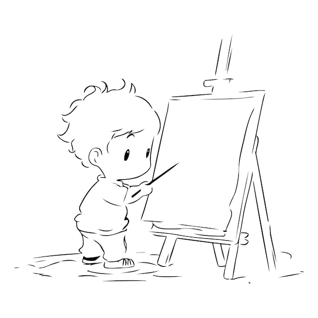 Vector cute little boy painting on easel vector cartoon illustration