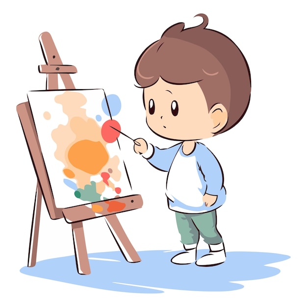Vector cute little boy painting on easel vector cartoon illustration