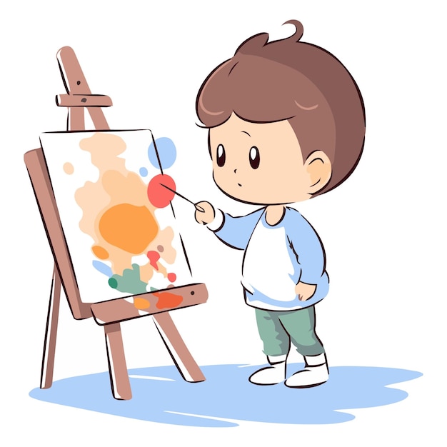 Cute little boy painting on easel Vector cartoon illustration