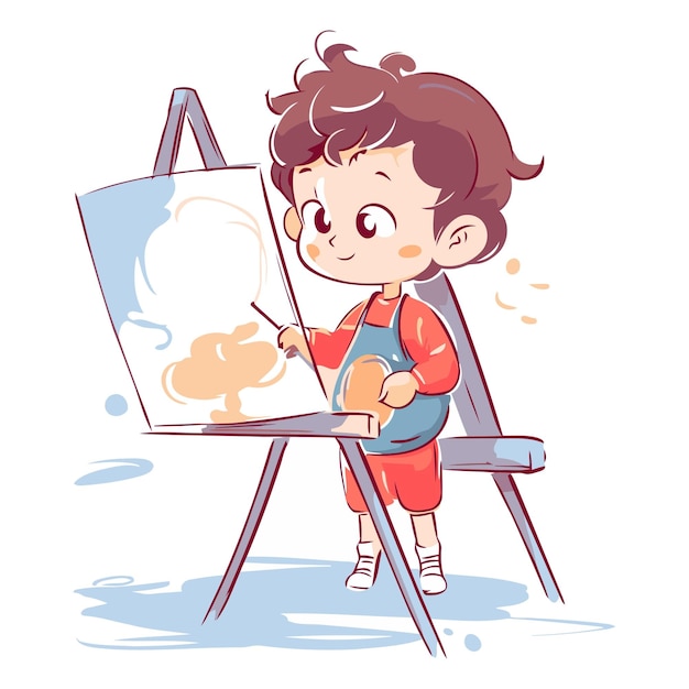 Vector cute little boy painting a picture on easel vector illustration
