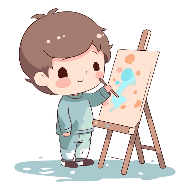 Cute little boy painting a picture on easel vector illustration