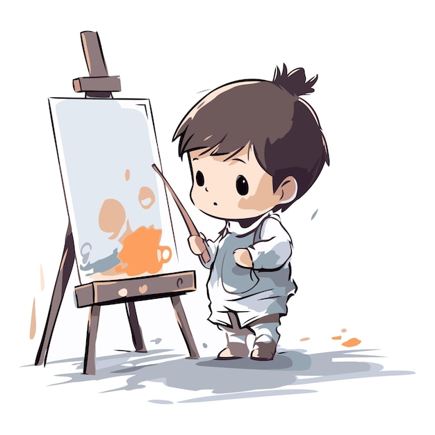 cute little boy painting a picture on easel