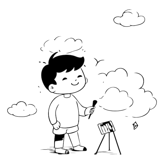 Vector cute little boy painting on the rainbow in cartoon style