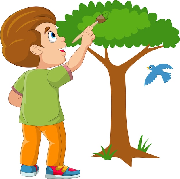 Cute little boy painting tree on the wall