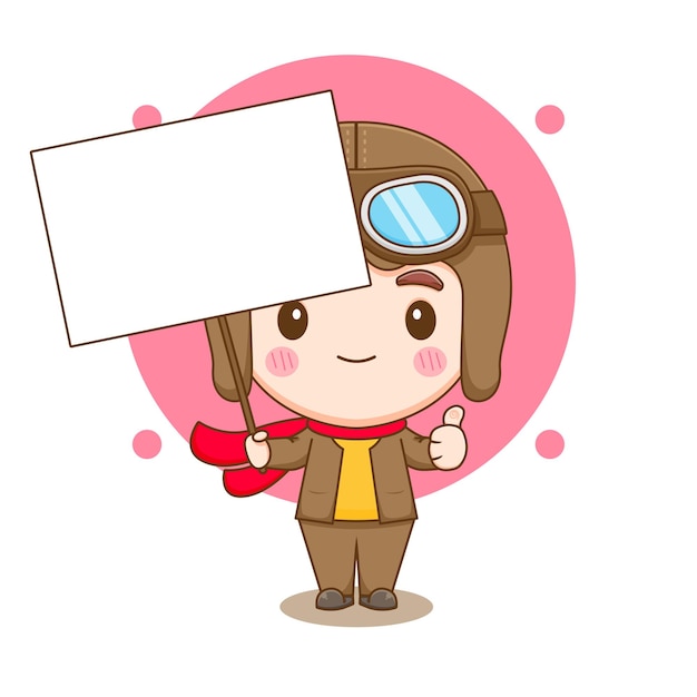 Cute little boy in pilot costume with empty board cartoon illustration