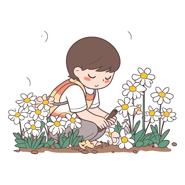 Vector cute little boy planting daisies in the garden