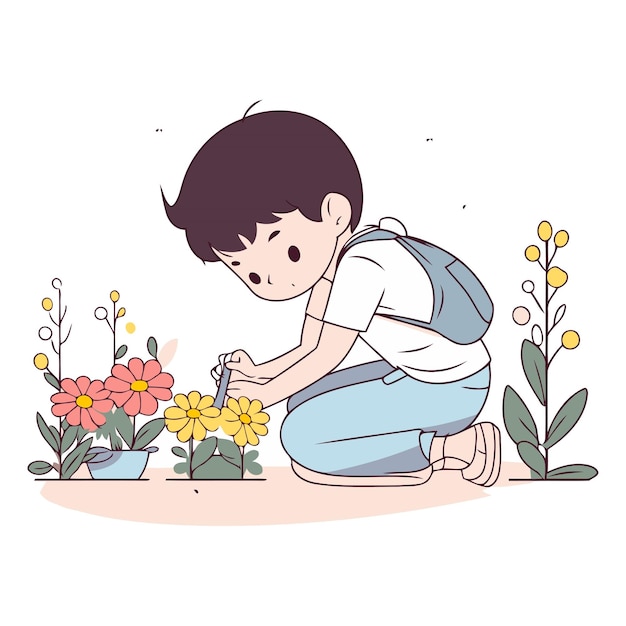 Милый мальчик сажает цветы в саду.