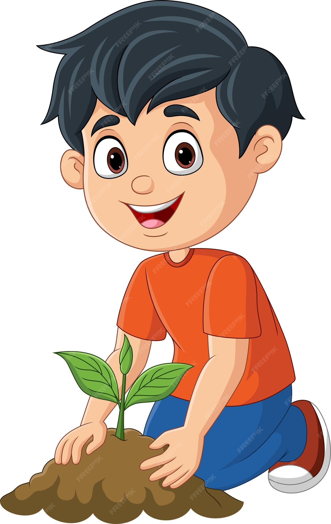 Premium Vector | Cute little boy planting a plant
