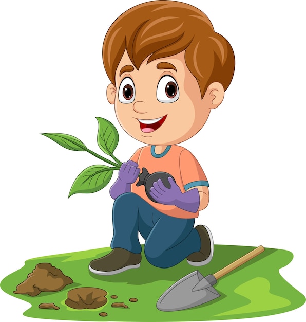 Cute little boy planting a plant