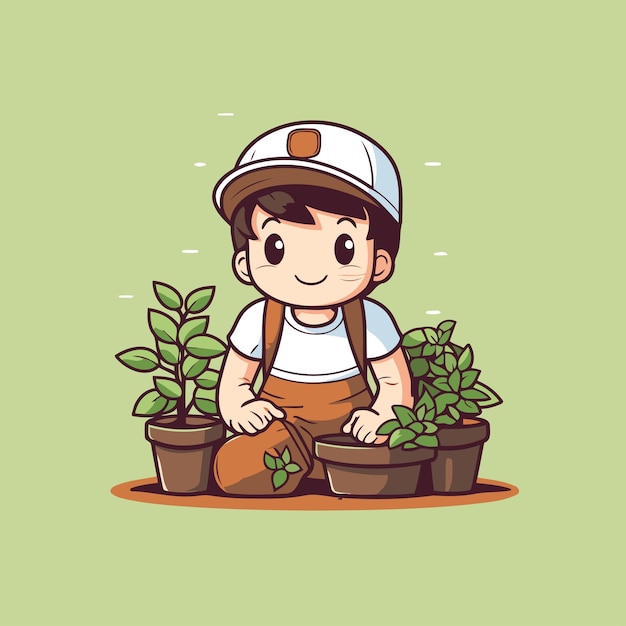 정원에 식물을 심는 귀여운 작은 소년 터 일러스트레이션