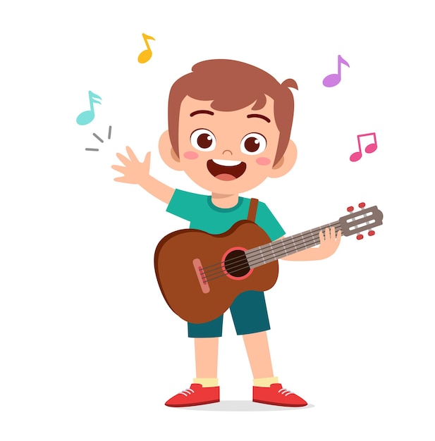 Vector cute little boy play guitar in concert