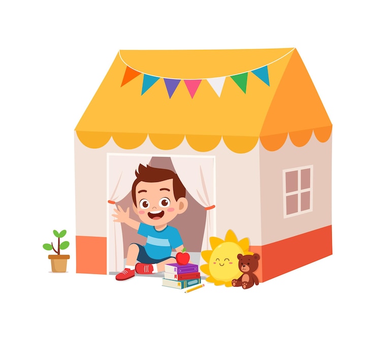 Vector cute little boy play inside small tent