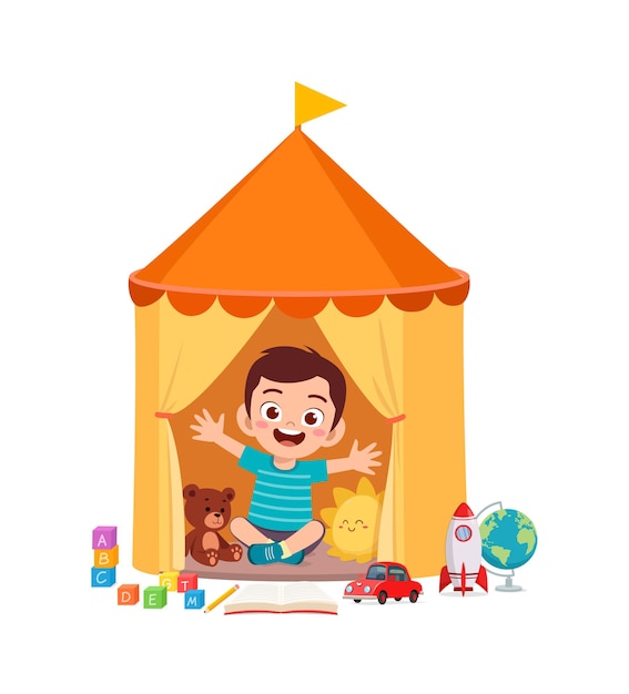 Vector cute little boy play inside small tent