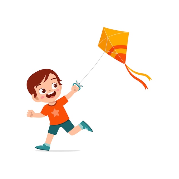 Cute little boy play kite outside and feel happy