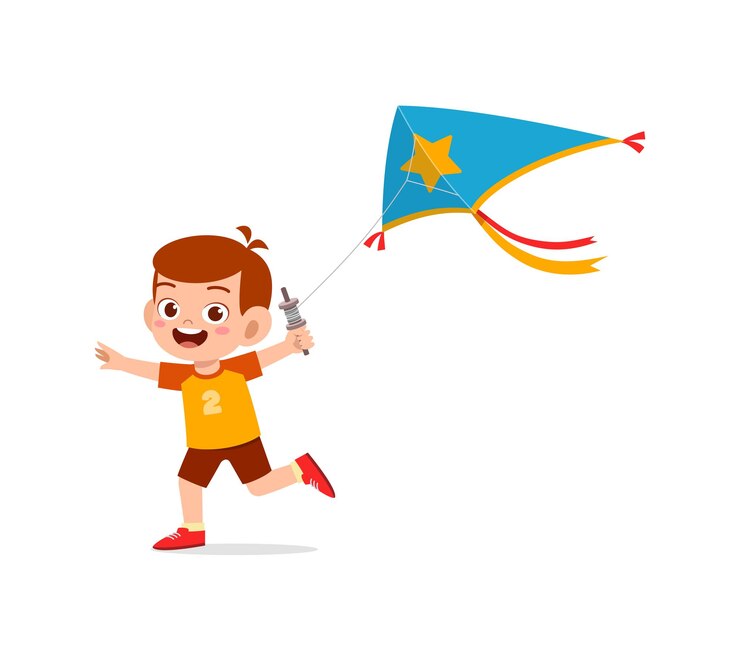 Vector cute little boy play kite outside and feel happy