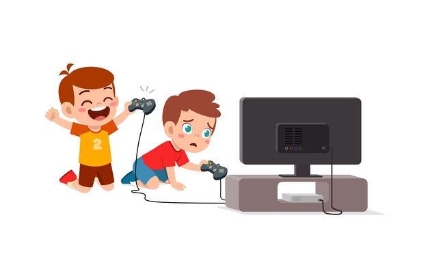 Cute little boy play video game on big screen