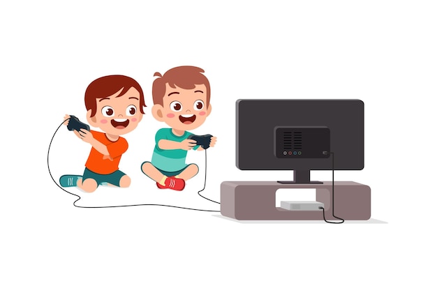 Vector cute little boy play video game on big screen