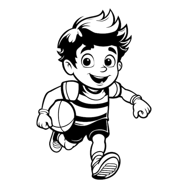 Cute little boy playing basketball Black and white vector illustration