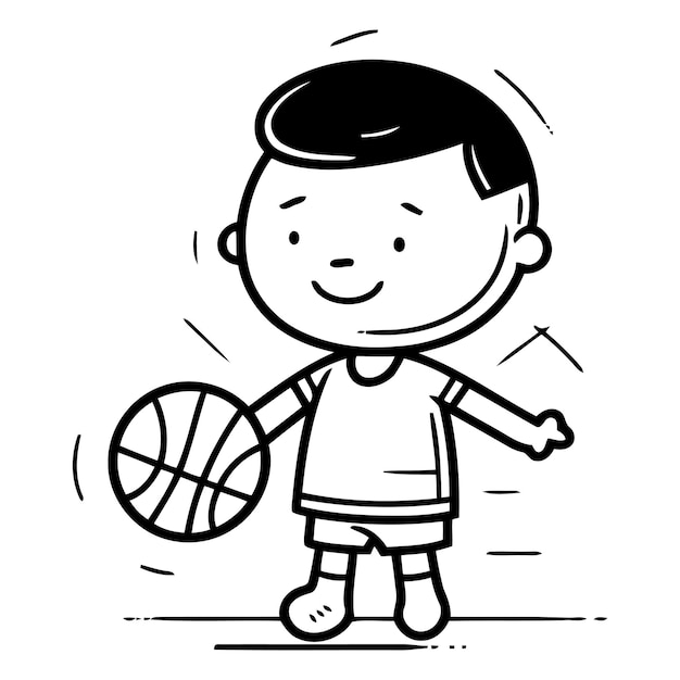 벡터 만화 스타일로 농구를 하는 귀여운 작은 소년