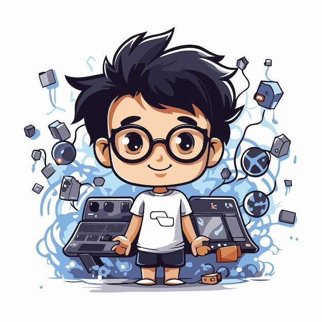 Vector cute little boy playing computer games vector cartoon character illustration