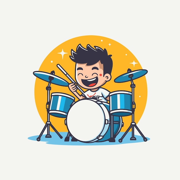 드럼을 연주하는 귀여운 작은 소년 만화 스타일의 터 일러스트레이션