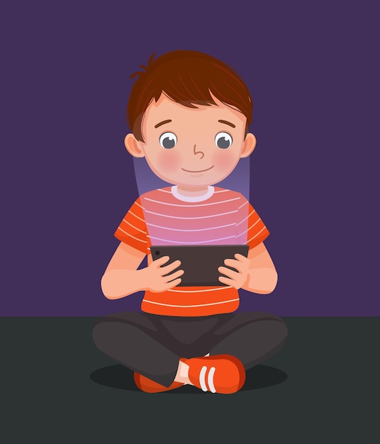 Happy boy child playing online game on cellphone. Smiling small kid have  fun engaged in video games on smartphone. Modern web app. Vector  illustration. 12971707 Vector Art at Vecteezy