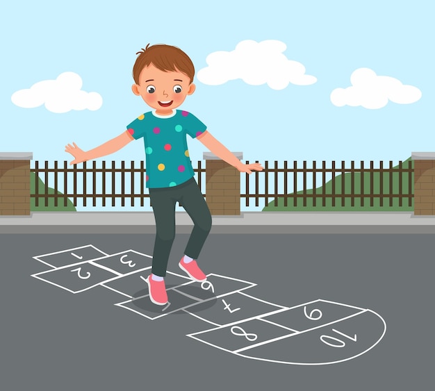 Vector cute little boy playing hopscotch drawn with chalk outside on playground street at the park