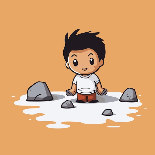 Vector cute little boy playing in the puddle vector illustration