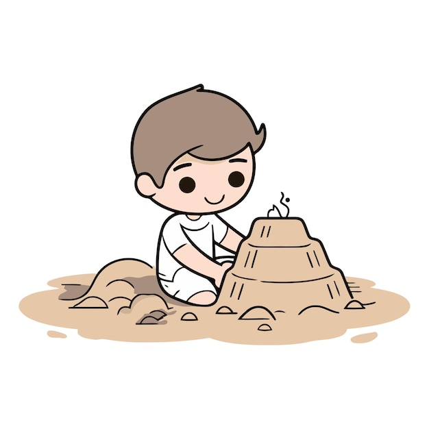 милый маленький мальчик играет в песке с горшком