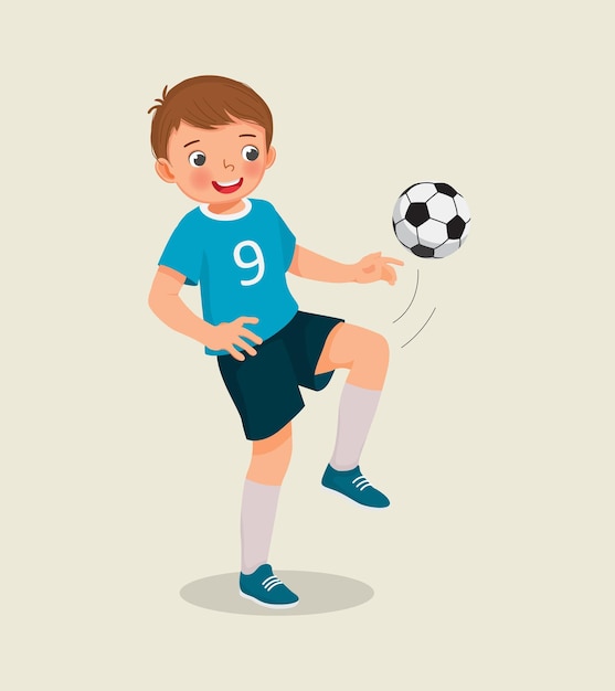 Vector cute little boy playing soccer hitting the football with his knee