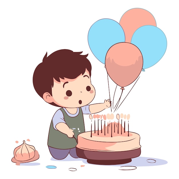 ベクトル バースデーケーキと風船で遊ぶ可愛い小さな男の子ベクトルイラスト