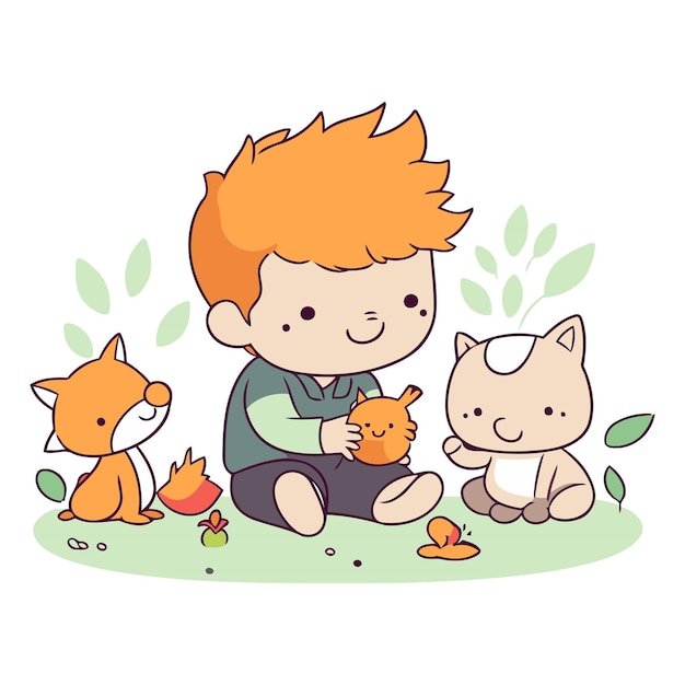 ベクトル 猫とキツネと遊ぶ可愛い小さな男の子