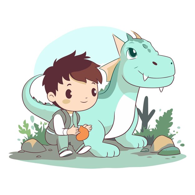 Вектор Милый маленький мальчик играет с динозавром в стиле мультфильма