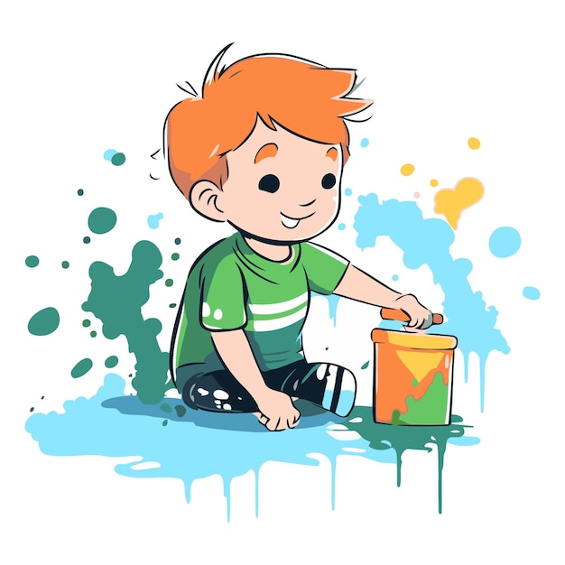 Vector cute little boy playing with paint and bucket