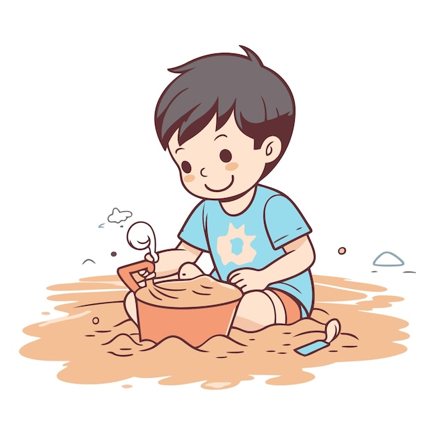 Vector cute little boy playing with sand in the beach