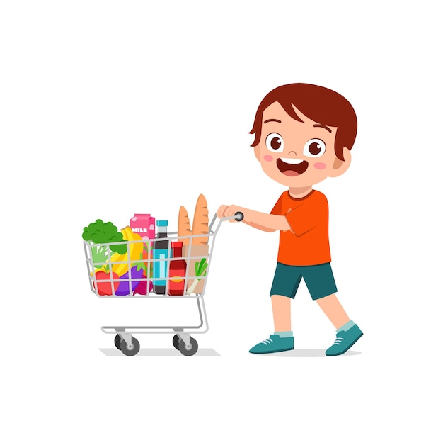 Cute little boy push shopping cart full of groceries
