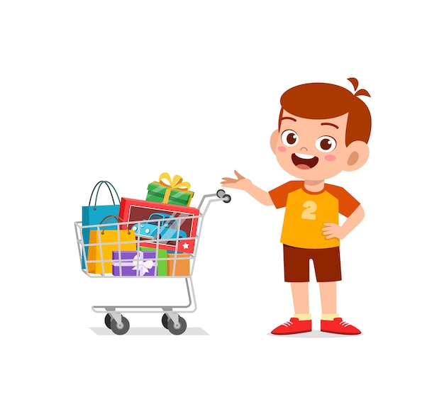 Cute little boy push shopping cart full of groceries