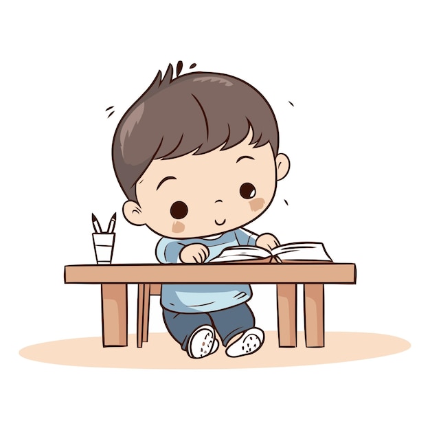 벡터 테이블에서 책을 읽는 귀여운 작은 소년