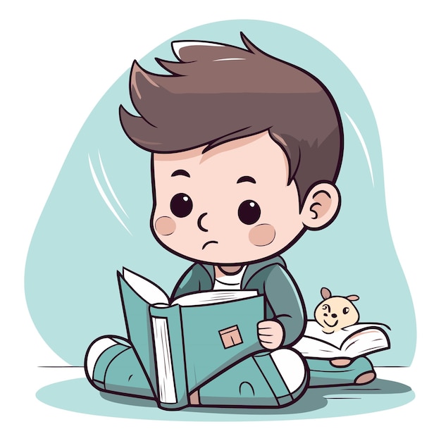 Cute little boy reading a book in cartoon style