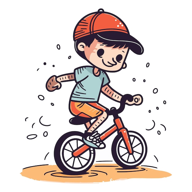 Cute little boy riding a bicycle in cartoon style