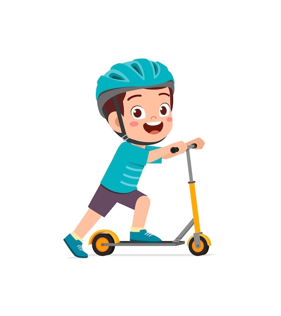 Vector cute little boy riding scooter and wear helmet