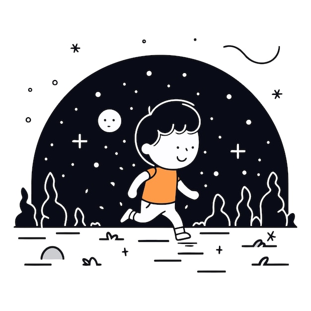 Cute little boy running in the night starry sky