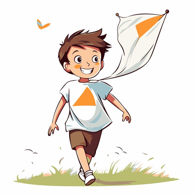 Vector cute little boy running with a flag in his hand vector illustration