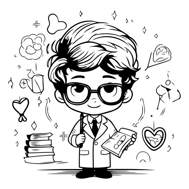 Vettore piccolo ragazzo carino con il cappotto di laboratorio scientifico e gli occhiali illustrazione vettoriale