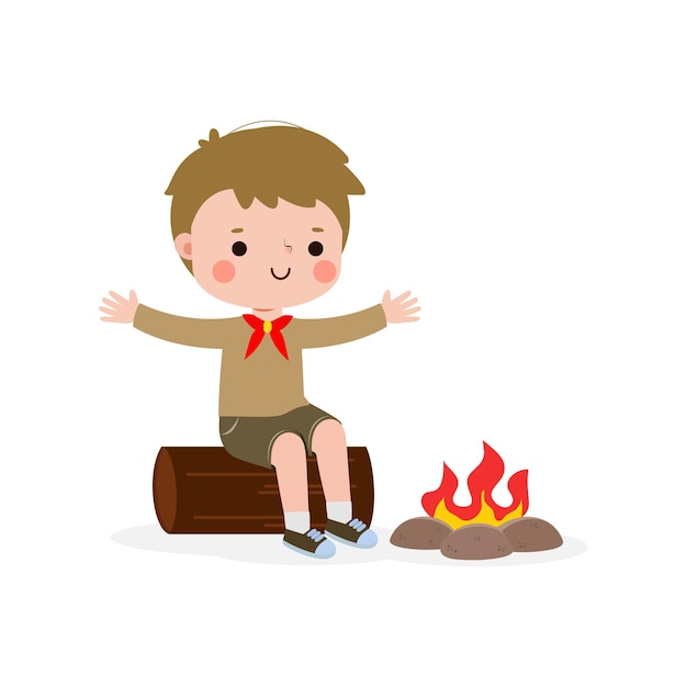 Cute little boy scout or girl scout sitting on a log by the campfire happy kid honor uniform