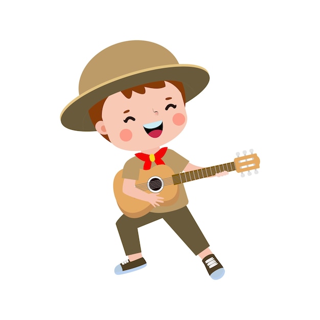 Vettore carino ragazzino scout che suona la chitarra happy kid girl scout onore uniforme campo estivo cartone animato piatto