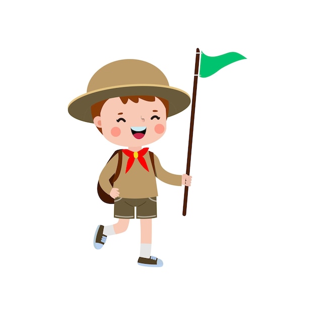 cute little boy scout with backpack and flag Happy kid girl scout honor uniform summer camp