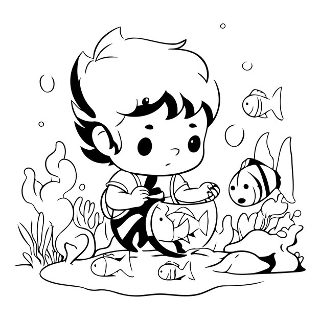 Cute little boy in the sea with fishes